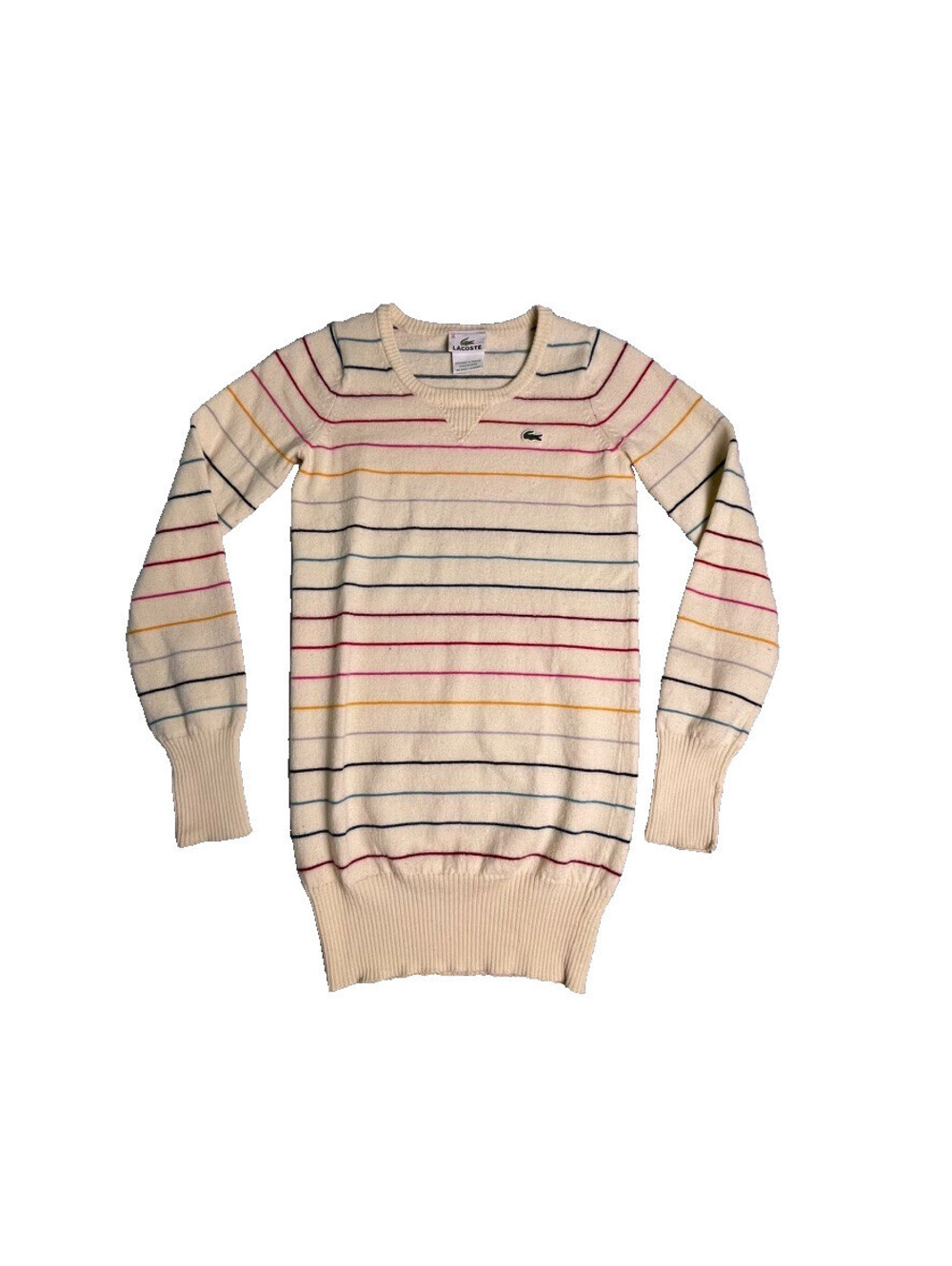 Lacoste Wool Sweater Womens 36 Cream Striped Long Sleeve Preppy Tennis Knit Top